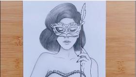 آموزش نقاشی سیاه قلم / نحوه ترسیم دختر با ماسک کارناوال