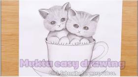 آموزش نقاشی سیاه قلم / نحوه ترسیم بچه گربه های ناز در فنجان