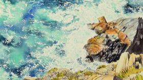 پیش نمایش آموزش نقاشی منظره دریا و ساحل صخره ای با آبرنگ